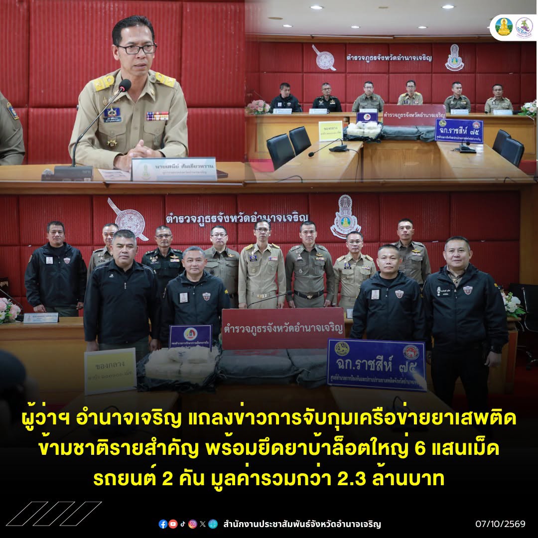 ผู้ว่าฯ อำนาจเจริญ แถลงข่าวการจับกุมเครือข่ายยาเสพติดข้ามชาติรายสำคัญ พร้อมยึดยาบ้าล็อตใหญ่ 6 แสนเม็ด รถยนต์ 2 คัน มูลค่ารวมกว่า 2.3 ล้านบาท                วันนี้ (7 ต.ค.69) เวลา 10.00 น. ที่ห้องประชุมกองบังคับการตำรวจภูธรจังหวัดอำนาจเจริญ นายเสนีย์ ส้มเขียวหวาน ผู้ว่าราชการจังหวัดอำนาจเจริญ พร้อมด้วย พลตำรวจตรี เอกกมนต์ พรชูเกียรติ ผู้บังคับการตำรวจภูธรจังหวัดอำนาจเจริญ ร่วมกันแถลงข่าวการจับกุมเครือข่ายยาเสพติดข้ามชาติรายสำคัญได้ผู้ต้องหา 1 คน พร้อมยึดยาบ้าล็อตใหญ่จำนวน 6 แสนเม็ด รถยนต์ 2 คัน ร